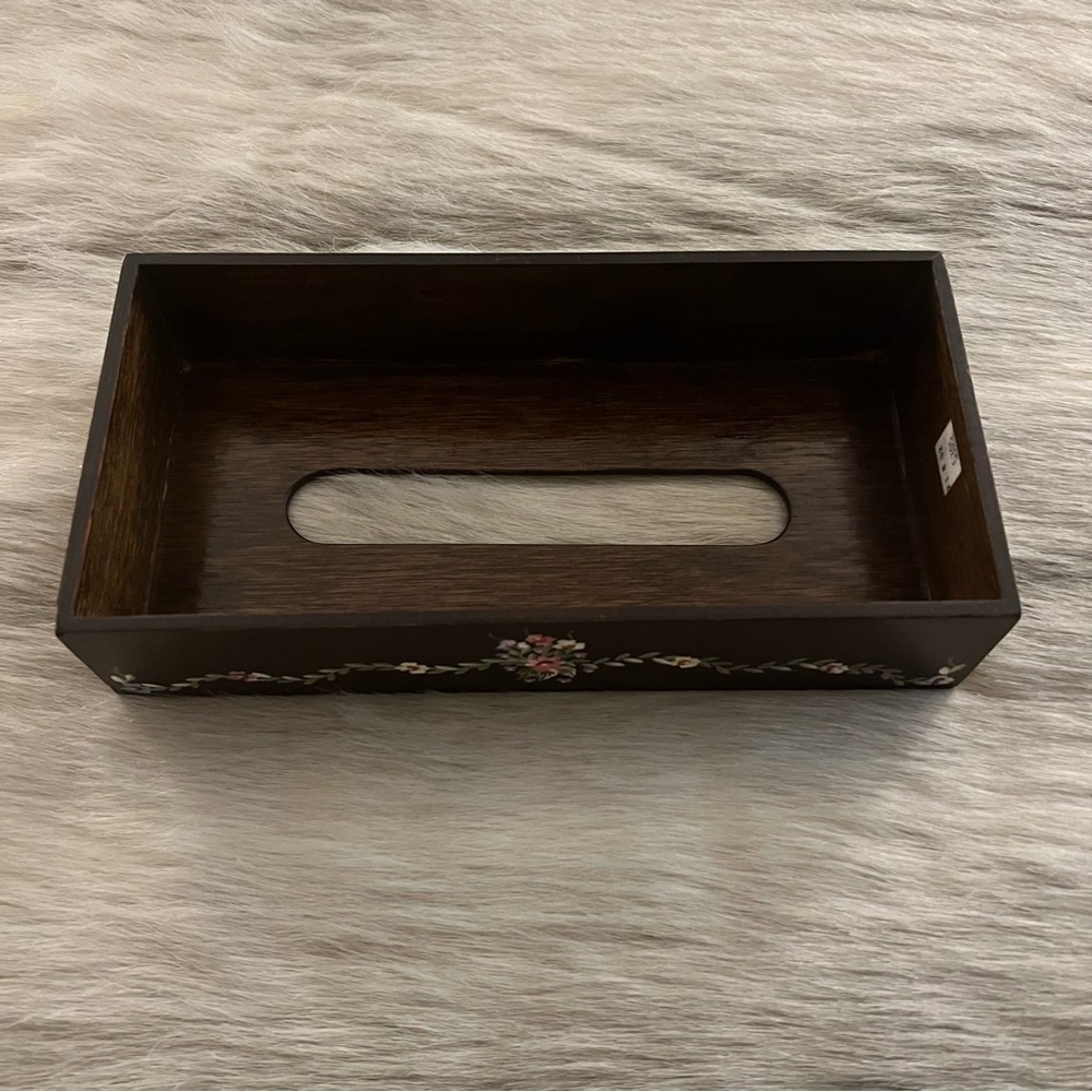 Vintage HANDPAINTED Flowets Dark Wooden Rectangle Tissue Box Covet Midcentury - Picture 3 of 12